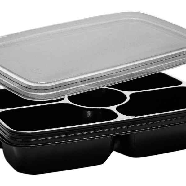 11" x 7" Black PET 4-Comp. Tray w/DC and Flat Lid, 48 oz.