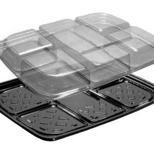 14" x 11" Black PET 6-Comp. Upside Down Tray w/Rect. DC and Lid