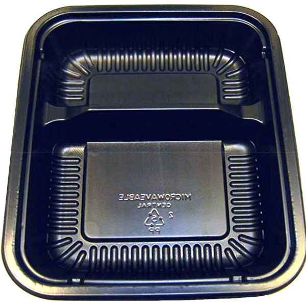 8" x 6.5" Black Ribbed PP 2-Comp. HMR Oblong Tray, 18 oz.