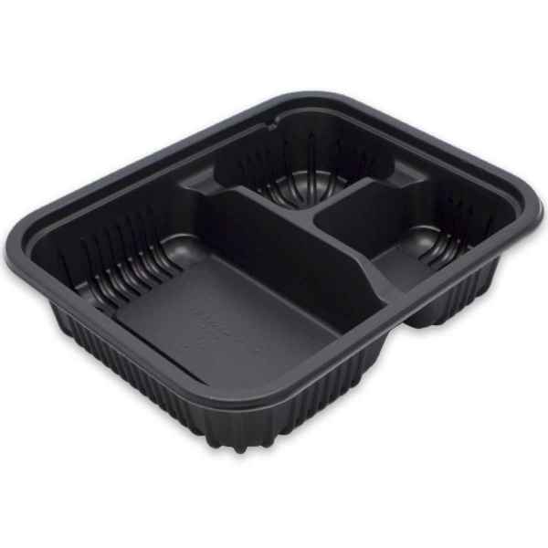 8" x 6.5" Black Ribbed PP 3-Comp. HMR Oblong Tray, 16 oz.