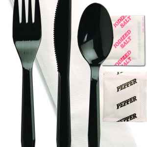 Omega Ebony PS Fork, Knife, Teaspoon, Salt & Pepper, Napkin