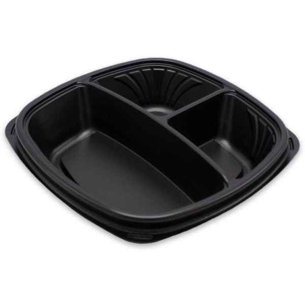 Forum® 9" Square Black C-Fine PS 3-Comp. Mid-Depth Base, 30 oz.