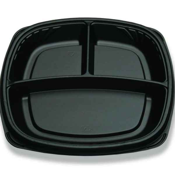 Forum® 10" Square Black C-Fine PS 3-Comp. Shallow Base, 24 oz.