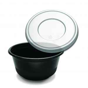 6.7" Round Black PS Hot Cold Bowl w/Flat Lid, 32 oz.