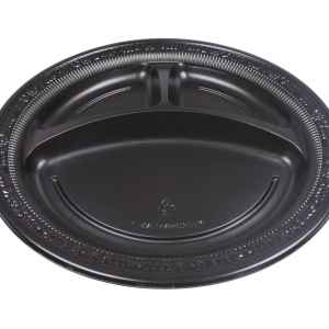 10.3" Round Black PS 3-Comp. Plate w/Flower Rim