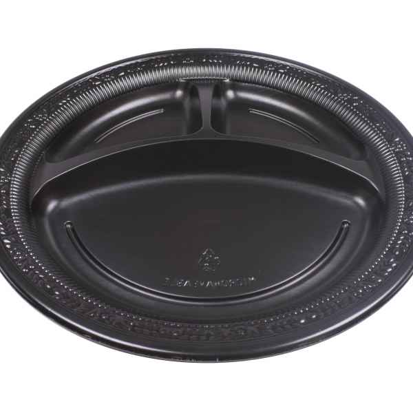 10.3" Round Black PS 3-Comp. Plate w/Flower Rim