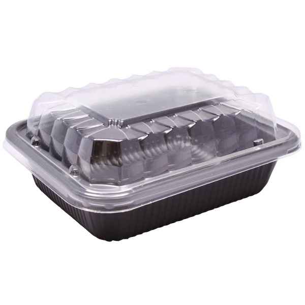 6.5" x 5.3" Black Ribbed PP HMR Oblong Tray w/ Lid, 16 oz.