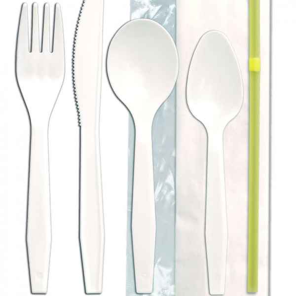 Senate™ White PP Fork, Knife, Teaspoon, Soup Spoon, Flex Straw & Napkin, Wrapped