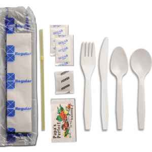 Senate™ White PP Fork, Knife, Teaspoon, S-Spoon, 2 Sugars, Pepper, Salt-free Seas, Flex Straw & Napkin