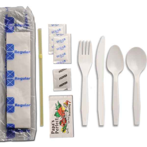 Senate™ White PP Fork, Knife, Teaspoon, S-Spoon, 2 Sugars, Pepper, Salt-free Seas, Flex Straw & Napkin