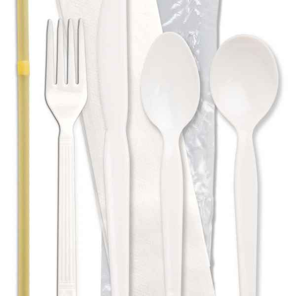 Forum® White PP Fork, Legion Knife, Teaspoon & Soup Spoon, Wrapped