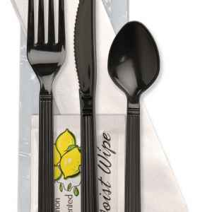 Forum Ebony PP Fork, Knife, Teaspoon & Moist Wipe, Wrapped