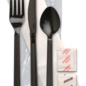 Forum Ebony PP Fork, Knife, Teaspoon, 13X17 Napkin, Salt & Pepper, Wrapped