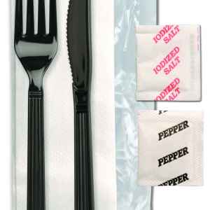 Forum® Ebony PP Fork, Knife, 13X17 2-Ply Napkin, Salt & Pepper, Wrapped