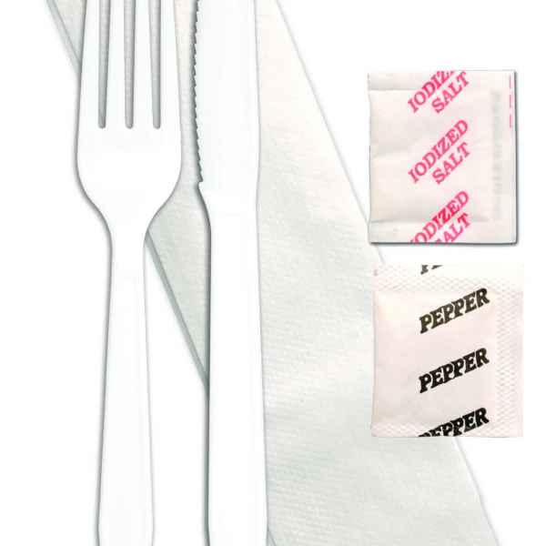 Monarch White PS Fork, Knife, 13" x 13" Napkin, Salt & Pepper