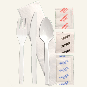 Senate™ White PP Fork, Milkstraw & 10" x10" 1-ply Napkin, Wrapped