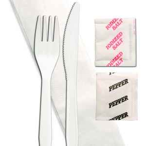 Senate White PP Fork, Knife, 13X17 w-Ply Napkin, Salt & Pepper