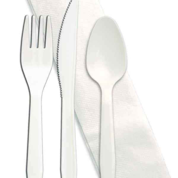 Senate™ White PP Fork, Knife, Teaspoon & Napkin