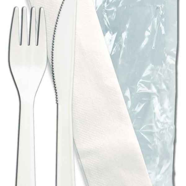 Senate™ White PP Fork, Knife & Napkin, Wrapped