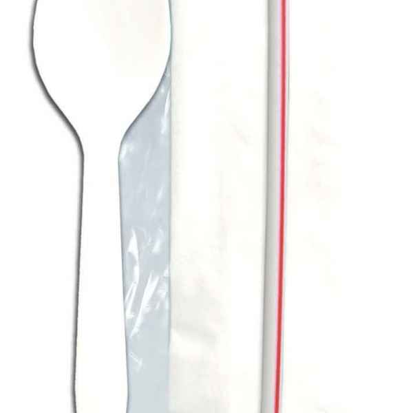 Senate™ White PP Spork, Milkstraw & 12" x 10" 1-Ply Napkin